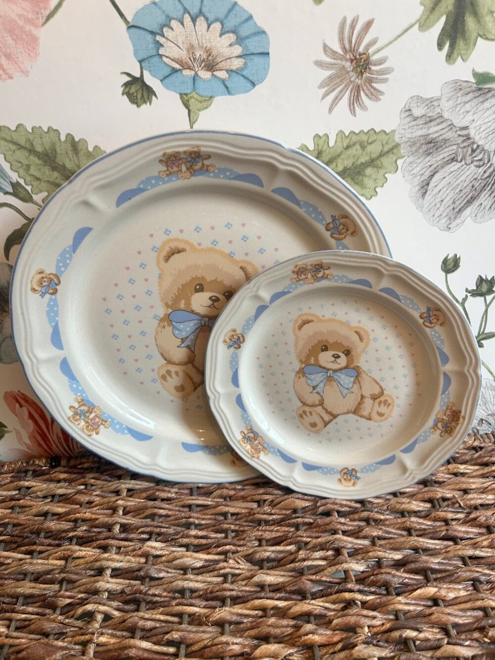 Vintage Tienshan Theodore Bear Dinner and Salad Plate Set Blue Teddy Bear Cottag